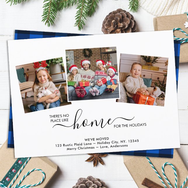 Home For The Holidays 3 Photo Blue Plaid Moving Announcement (Creator Uploaded)