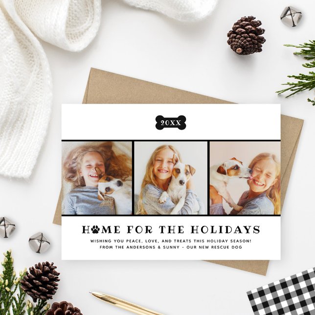 Home for the Holidays Black Plaid Dog Photo Holiday Card (Creator Uploaded)
