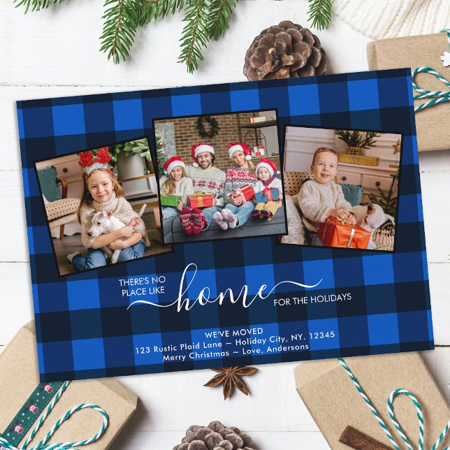 Home For The Holidays Blue Plaid 3 Photo Moving Announcement (Creator Uploaded)