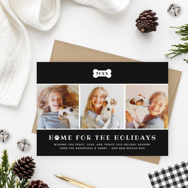 Home for the Holidays Dog Photo Collage Black Holiday Card (Creator Uploaded)