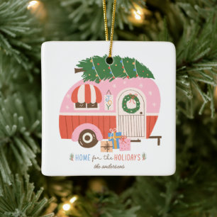 Home for the Holidays Pink Camper Christmas Ceramic Ornament