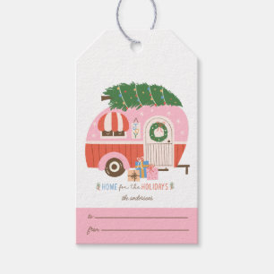Home for the Holidays Pink Camper with Family Name Gift Tags