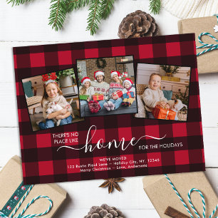 Home For The Holidays Red Plaid 3 Photo Moving  Announcement Postcard