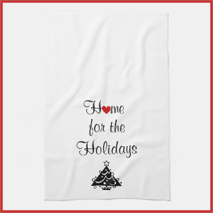 Home for the Holidays White and Red  Tea Towel