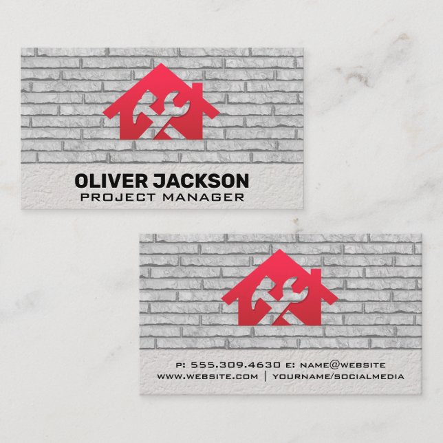 Home Hammer Wrench Icon | Brick Wall Background Business Card (Front/Back)