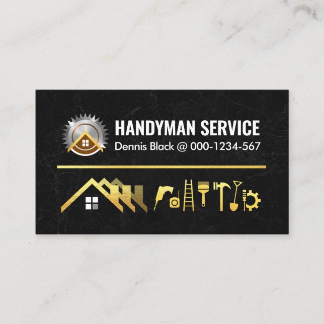 Home Handyman Tools On Black Marble Business Card (Front)