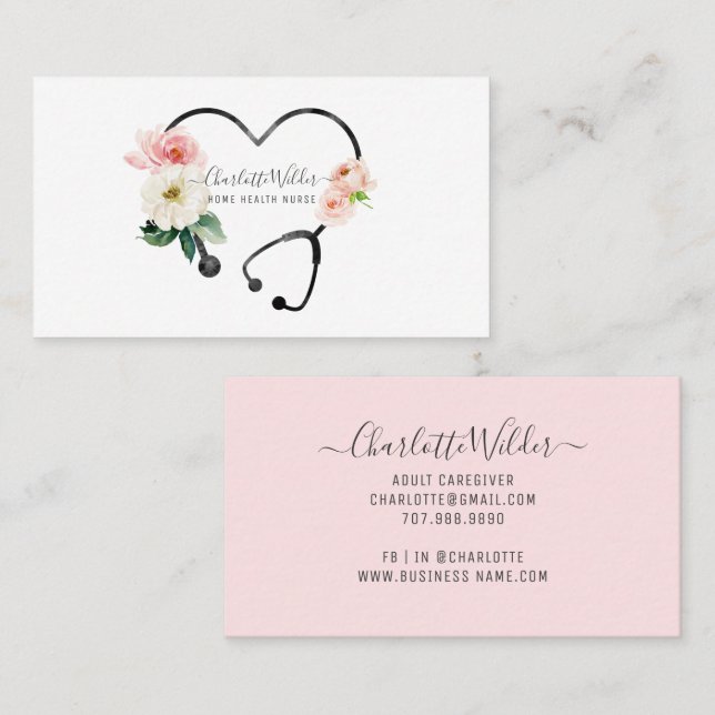 Home Health Nurse Caregiver Floral Stethoscope  Business Card (Front/Back)