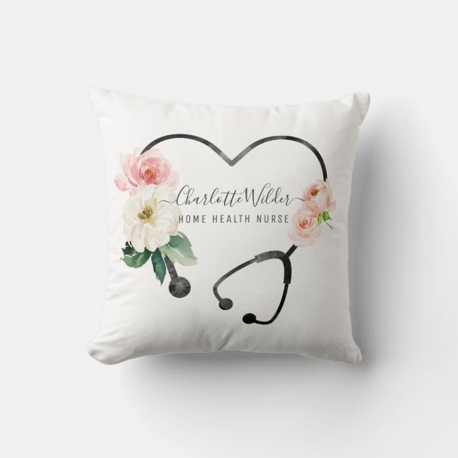 Home Health Nurse Caregiver Floral Stethoscope  Cushion (Front)