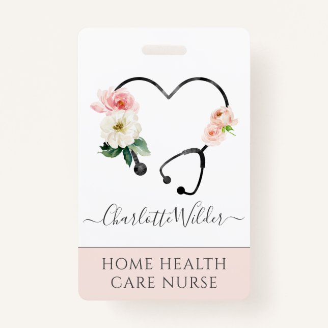 Home Healthcare Nurse Floral Stethoscope ID Badge (Front)