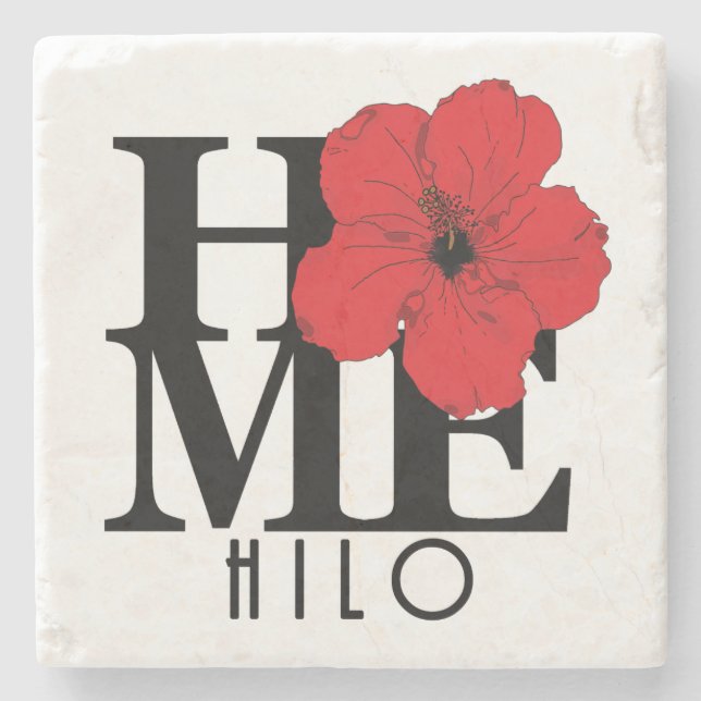 HOME Hilo Hawaii Red Hibiscus Stone Coaster (Front)