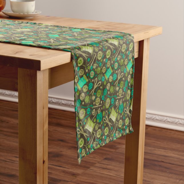 Home Hobby Sew Craft Collage Pattern Green Mint Short Table Runner (In Situ)