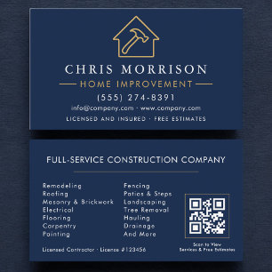 Home Improvement QR Code Navy Blue Gold Business Card