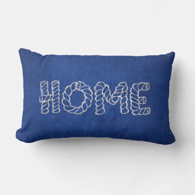 home in rope design on blue lumbar cushion (Front)