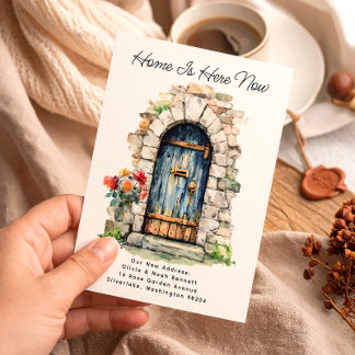 Home is Here - Modern New Address Watercolor Door  Announcement Postcard