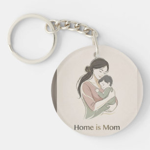 Home is Mom Minimalist Line Art Mother Child Hug K Key Ring