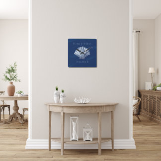 Home Is Where I Sea Shells, Coastal Themed Indigo Square Wall Clock