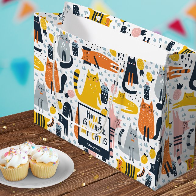 Home is Where My Cat is Pattern Monogrammed Name Large Gift Bag (Creator Uploaded)