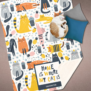 Home is Where My Cat is Pattern Monogrammed Name Sherpa Blanket