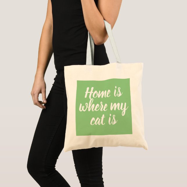 Home Is Where My Cat Is White Script GreenTote Bag (Front (Product))