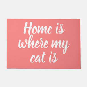 Home Is Where My Cat Is White Script Pink Doormat