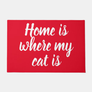 Home Is Where My Cat Is White Script Red Doormat