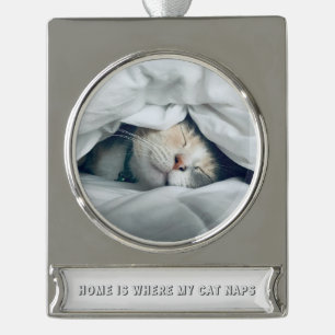 Home is where my cat naps custom photo silver plated banner ornament