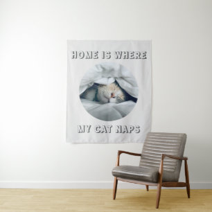 Home is where my cat naps custom photo tapestry