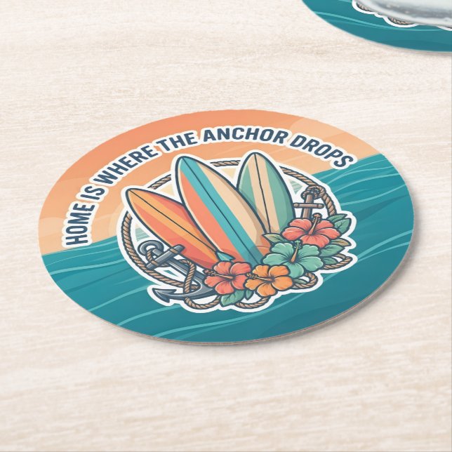 Home Is Where The Anchor Drops Round Paper Coaster (Angled)