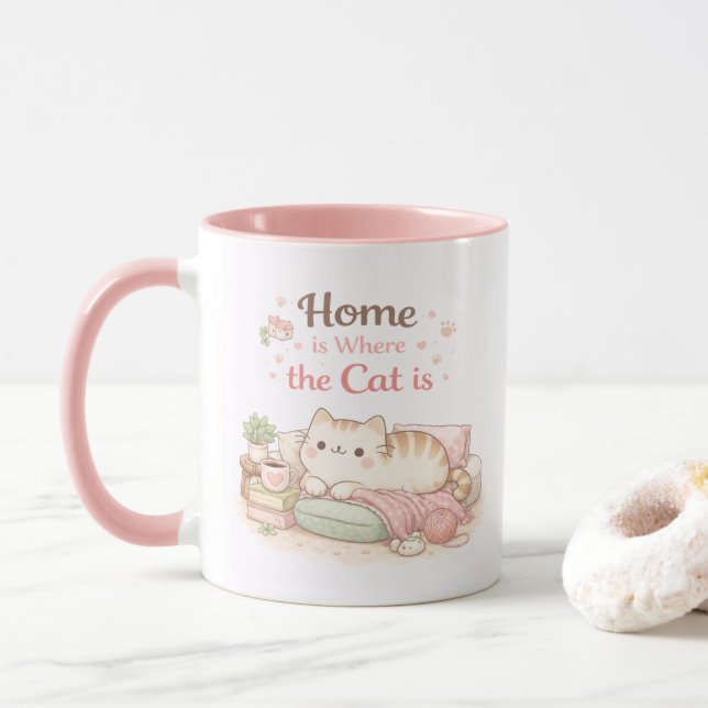 Home is Where The Cat Is Cute Kitty Coffee Pink Mug (With Donut)