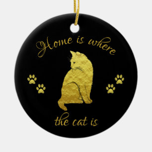 Home is Where the Cat is Gold and Black Ceramic Tree Decoration