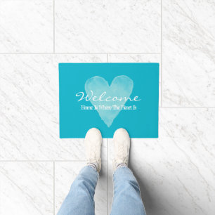 Home is where the heart is turquoise blue door mat