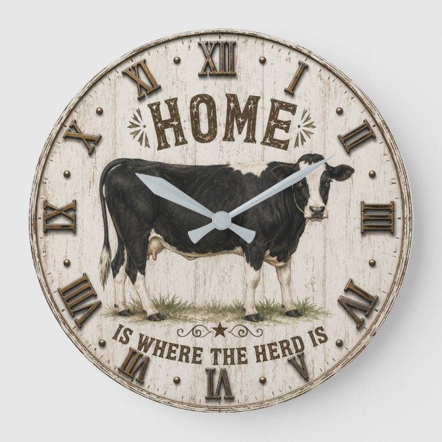 Home Is Where the Herd Is Rustic Cow Farmhouse Large Clock (Front)