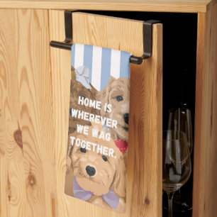 'Home Is Wherever We Wag Together' Blue And White  Tea Towel