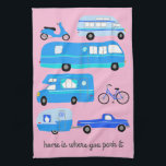Home is WhereYou Park Retro Camper Motorhome RV Tea Towel<br><div class="desc">Decorate your kitchen with this cool towel. Makes a great housewarming or anniversary gift! 
You can customise it and add text too.
Check my shop for lots more colours and patterns plus matching kitchen stuff!</div>