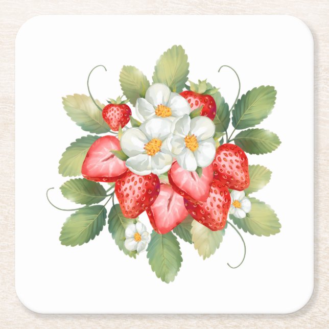 Home Kitchen Tray Strawberry Flower Fruit Red Square Paper Coaster (Front)