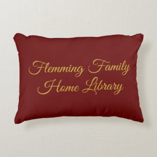 Home library cushion, red & gold, elegant script decorative cushion