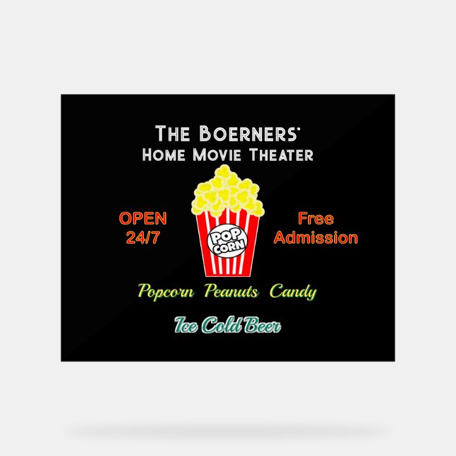 Home Movie Theatre Popcorn Cold Beer Acrylic Sign (Front)