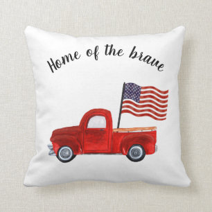 Home of Brave American Flag Red Truck Patriotic Cushion