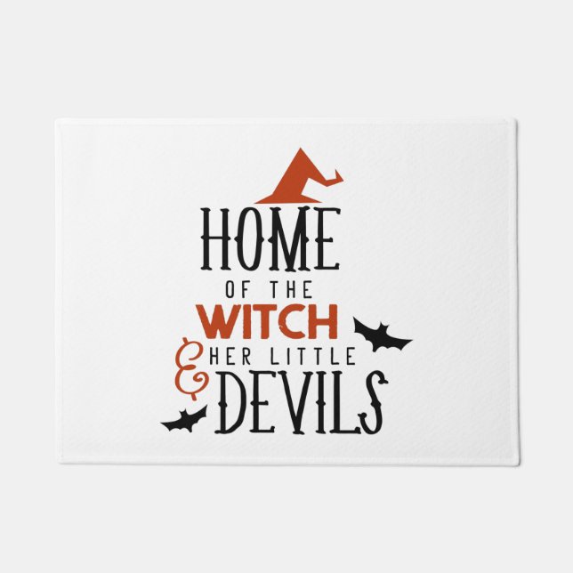 home of the witch and her little devils Halloween Doormat (Front)