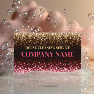 Home & office cleaning service pink gold glitter business card