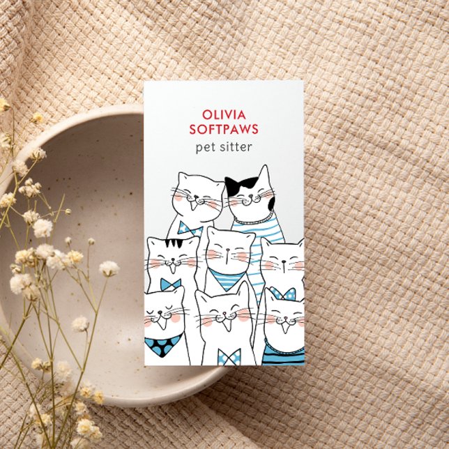 Home Pet Sitting Cute Happy Cat Faces LIGHT BLUE Business Card (Creator Uploaded)
