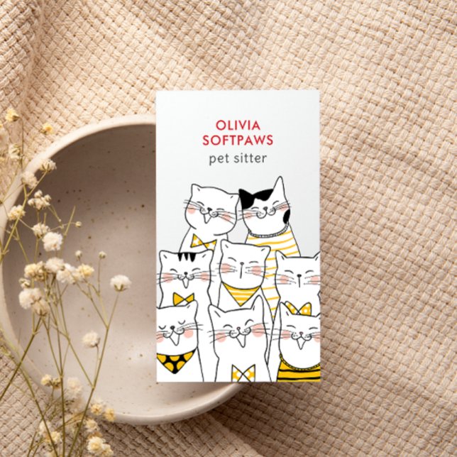Home Pet Sitting Cute Happy Cat Faces YELLOW Business Card (Creator Uploaded)