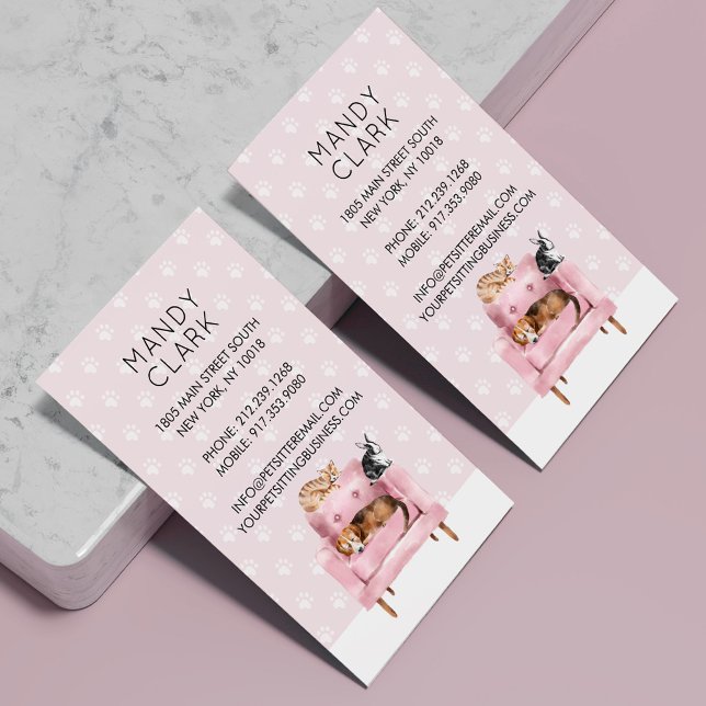 Home Pet Sitting | Dog & Cat Sleeping on Pink Sofa Business Card (Home Pet Sitting | Dog & Cat Sleeping on Pink Sofa Business Card)