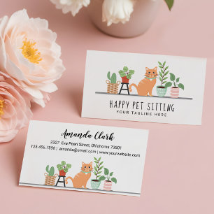 Home Pet Sitting Loveable Happy Cat & House Plants Business Card