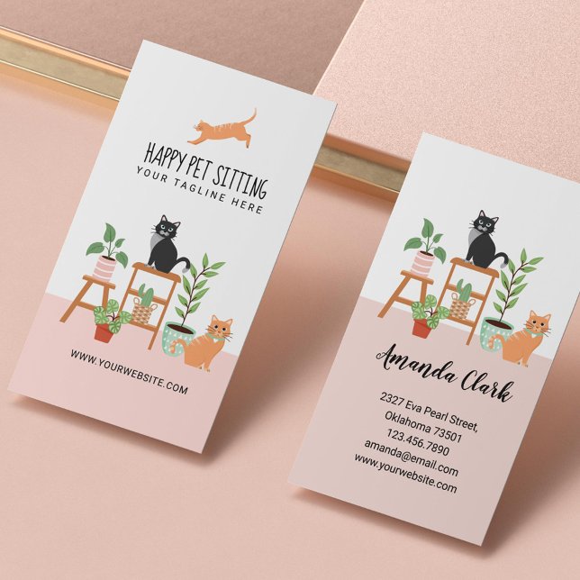 Home Pet Sitting Loveable Happy Cat & House Plants Business Card (Creator Uploaded)