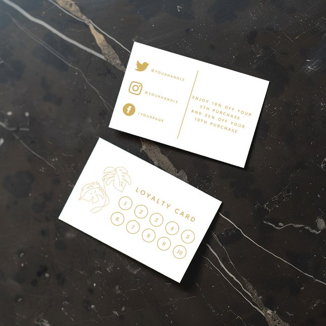 Home plant shop, modern gold loyalty card. (Modern white and gold loyalty card with monstera leaf icons and social media details)
