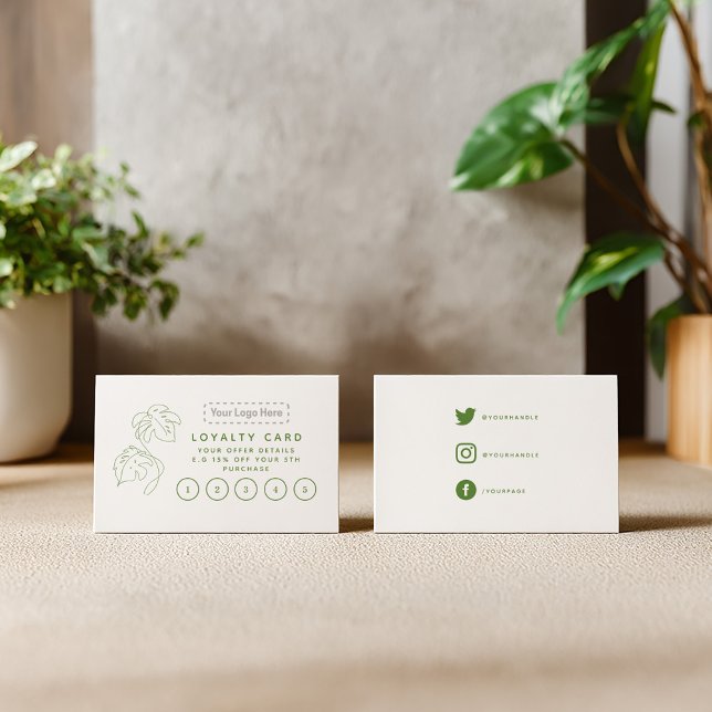 Home plant shop, your logo modern loyalty card. card (Monstera plant, green and white loyalty stamp card with your logo and social media details)