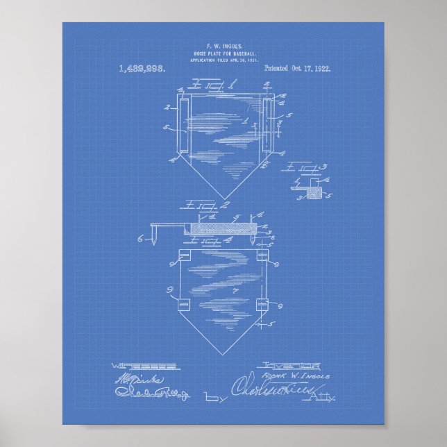 Home Plate Baseball 1922 Patent Art Blueprint Poster (Front)
