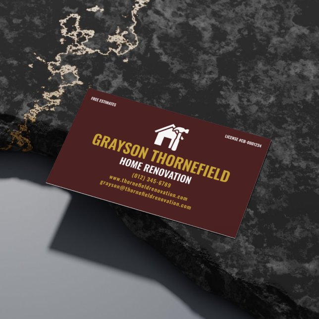 Home Renovation General Contractor Bold Maroon Business Card (Creator Uploaded)