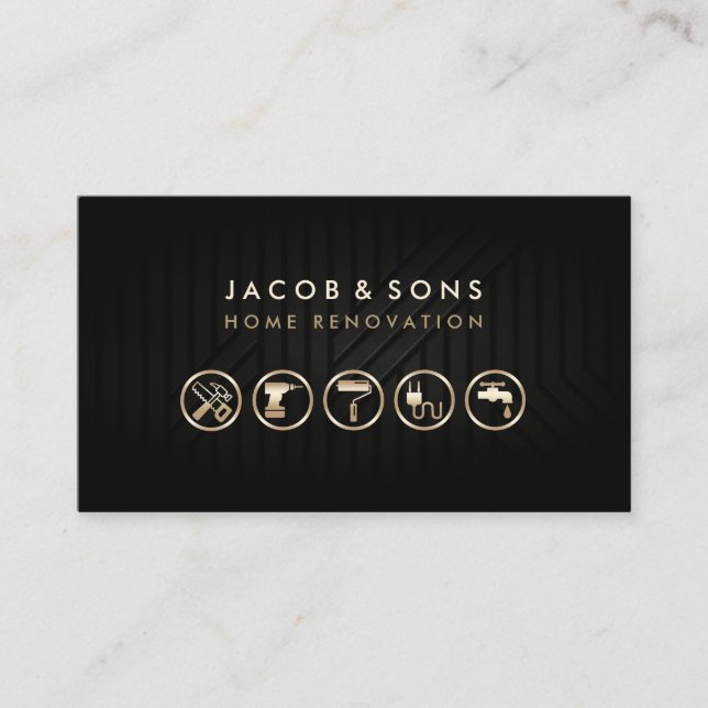 Home Renovation Gold Icons Black Metal Texture Business Card (Front)